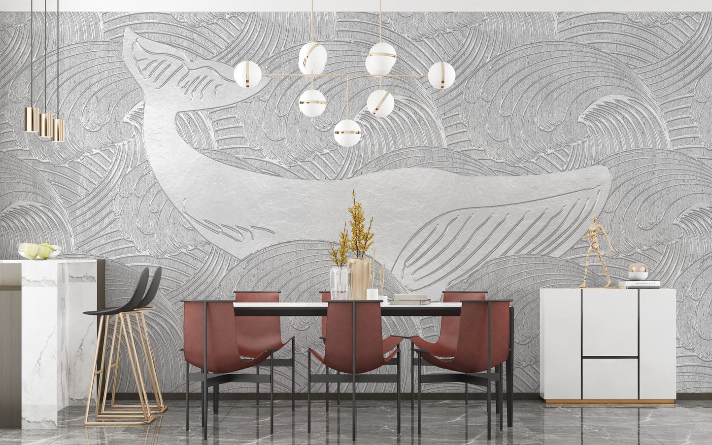 Silver whale mural for children's bedroom walls
