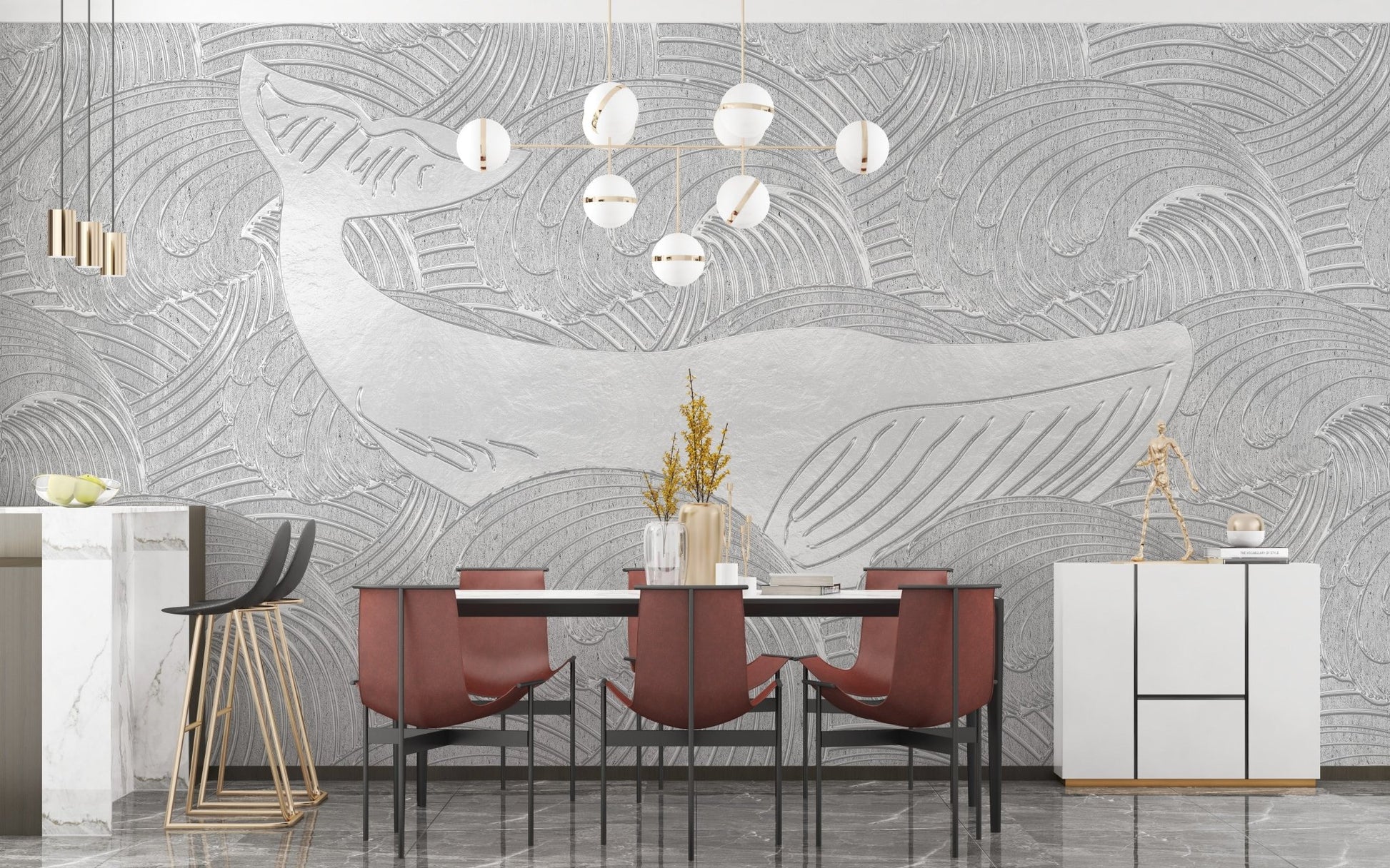 Silver whale mural for children's bedroom walls
