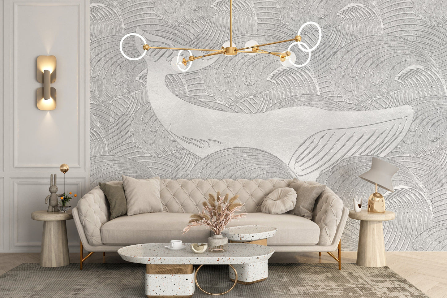 Nautical kids' wallpaper with silver whales
