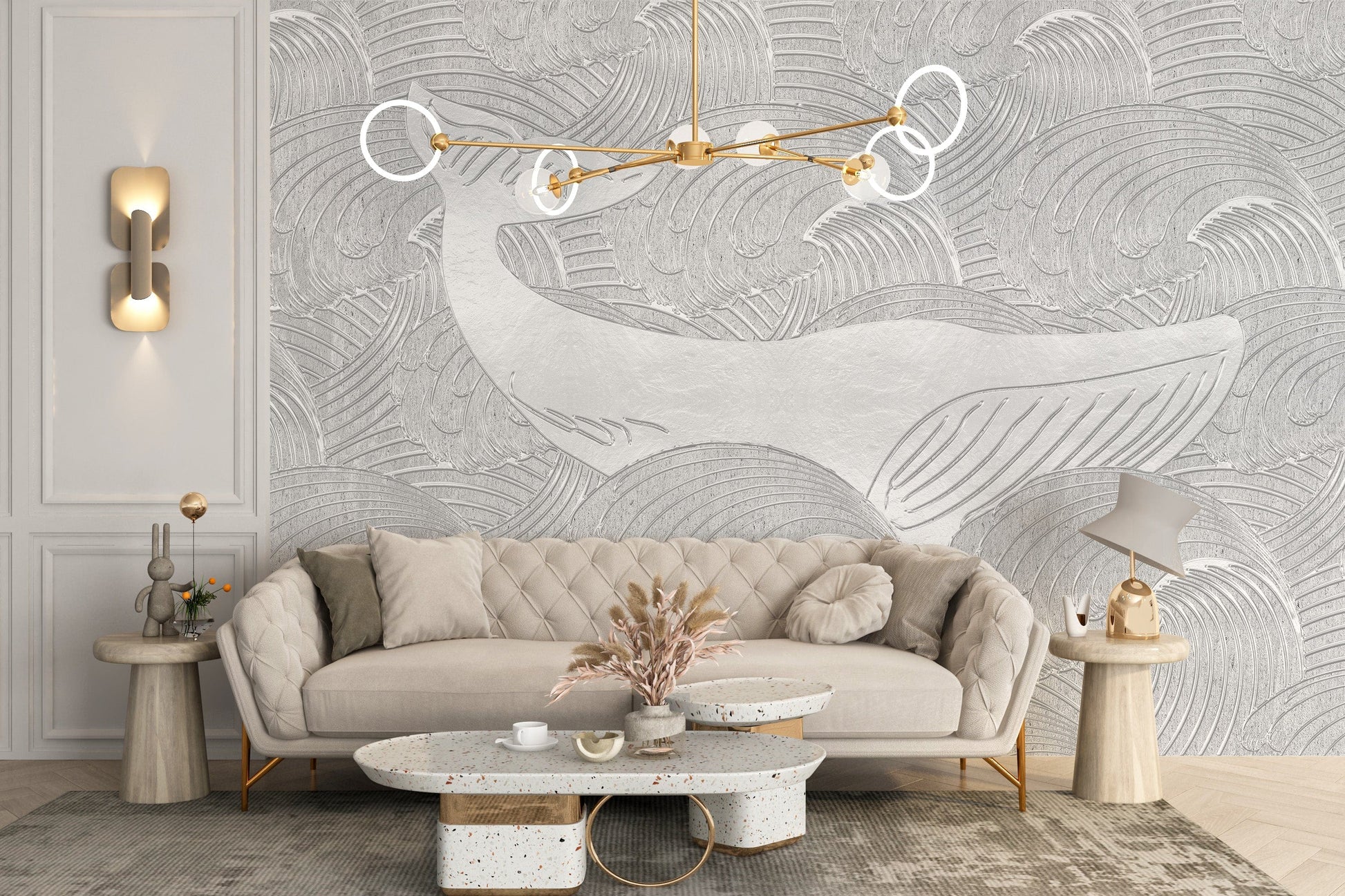 Nautical kids' wallpaper with silver whales
