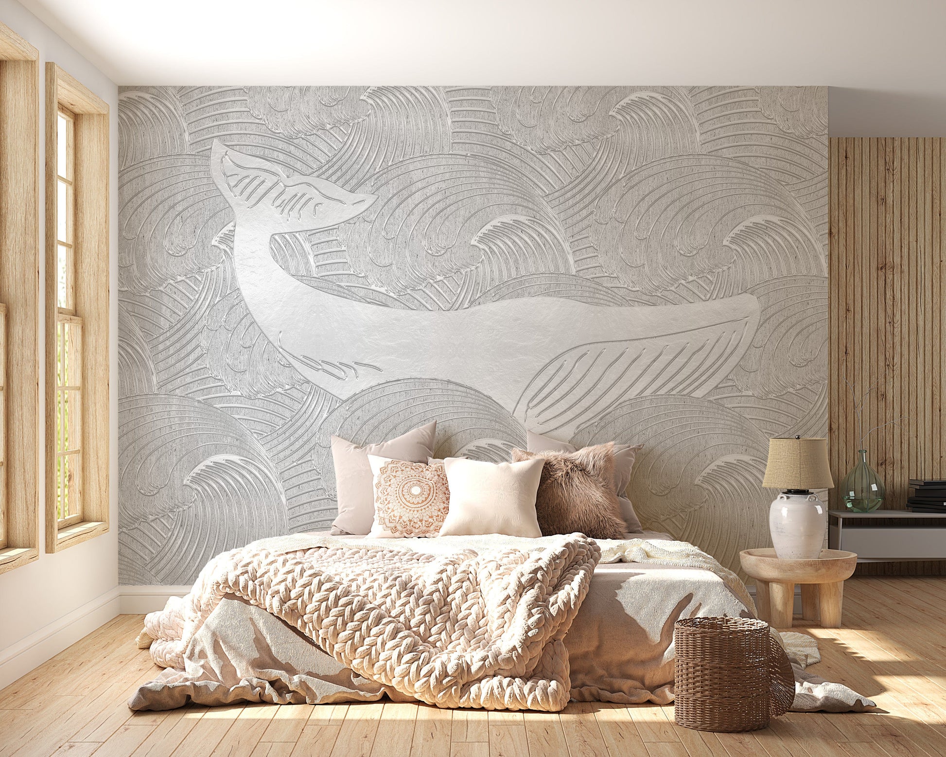 Silver whale handmade kids wallpaper design
