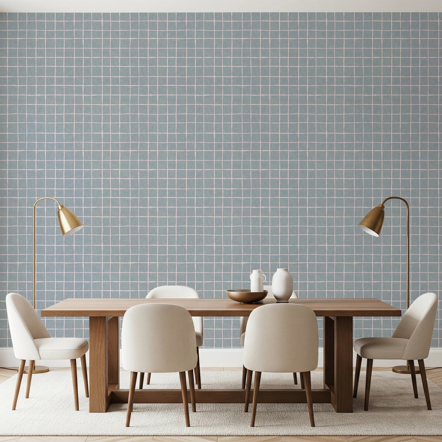 Pale blue-grey wall covering with white grid lines