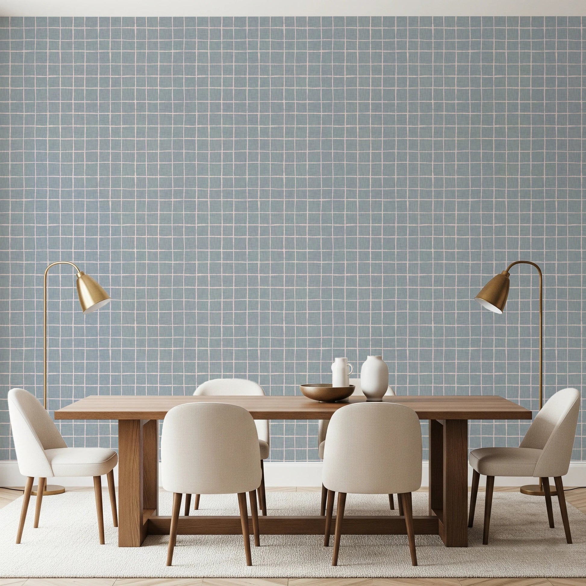 Pale blue-grey wall covering with white grid lines
