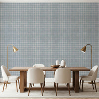 Pale blue-grey wall covering with white grid lines