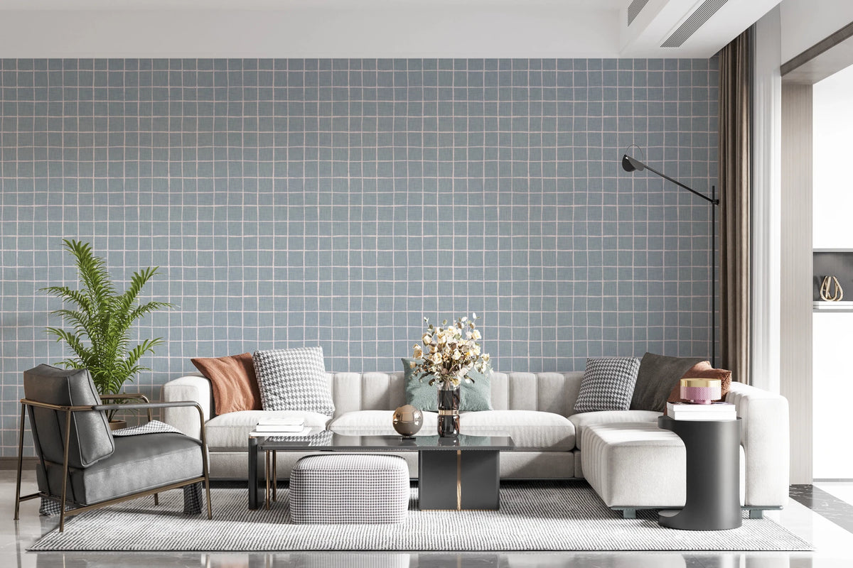 Dusty blue grid wallpaper with linen fabric look, GD8460