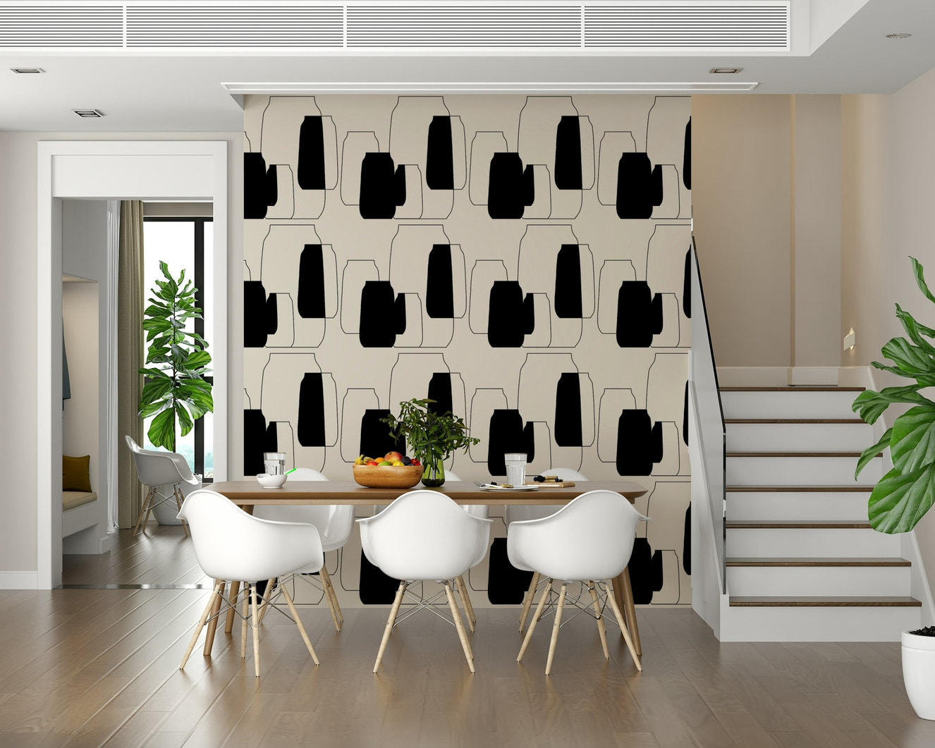 Stylized graphic print with solid black and outlined white organic jug and vase shapes.