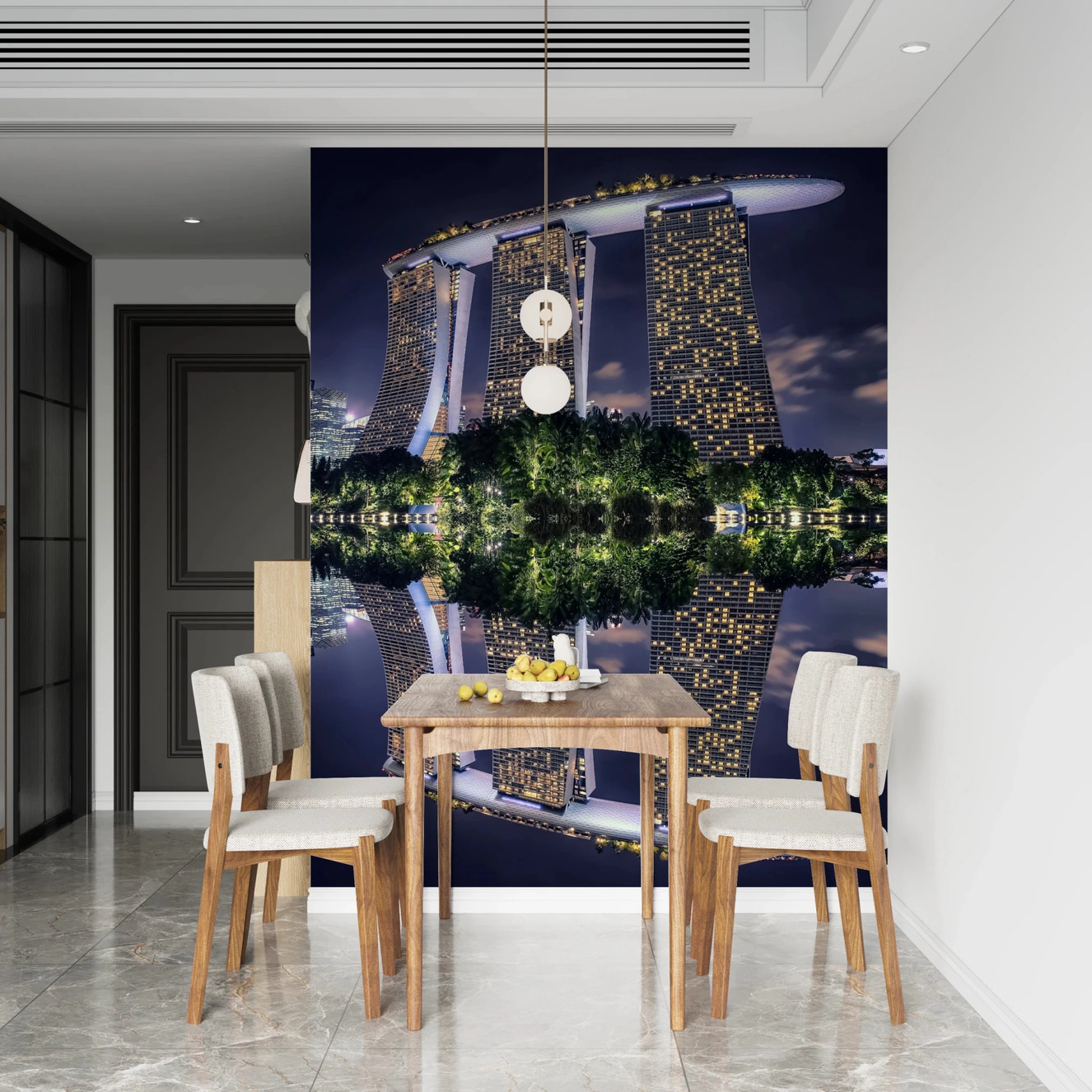 Singapore Reflection wall mural featuring three illuminated towers at night.