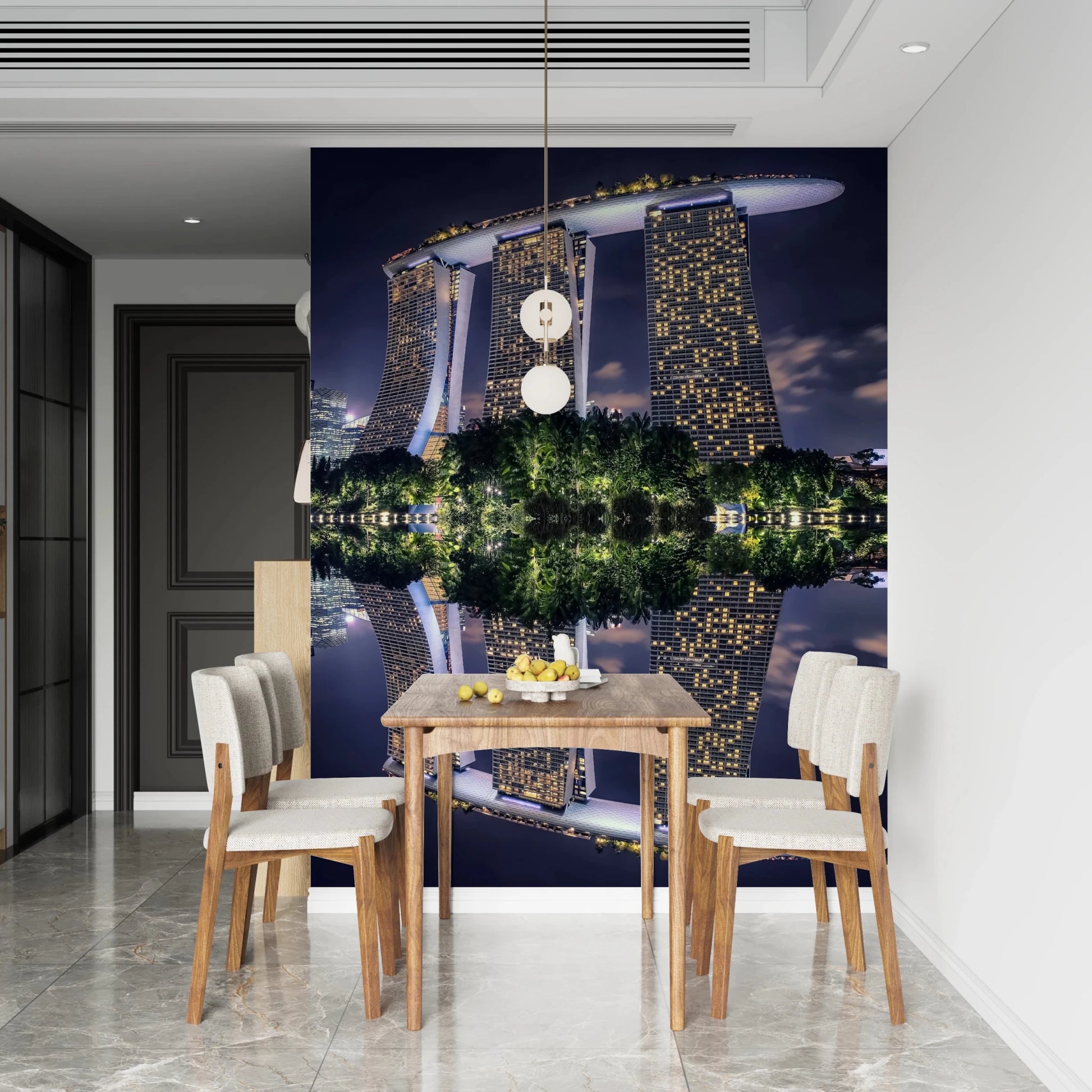 Singapore Reflection wall mural featuring three illuminated towers at night.