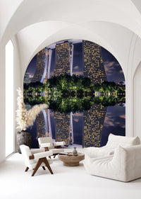 Dramatic city lights wall mural reflecting on a peaceful waterfront.