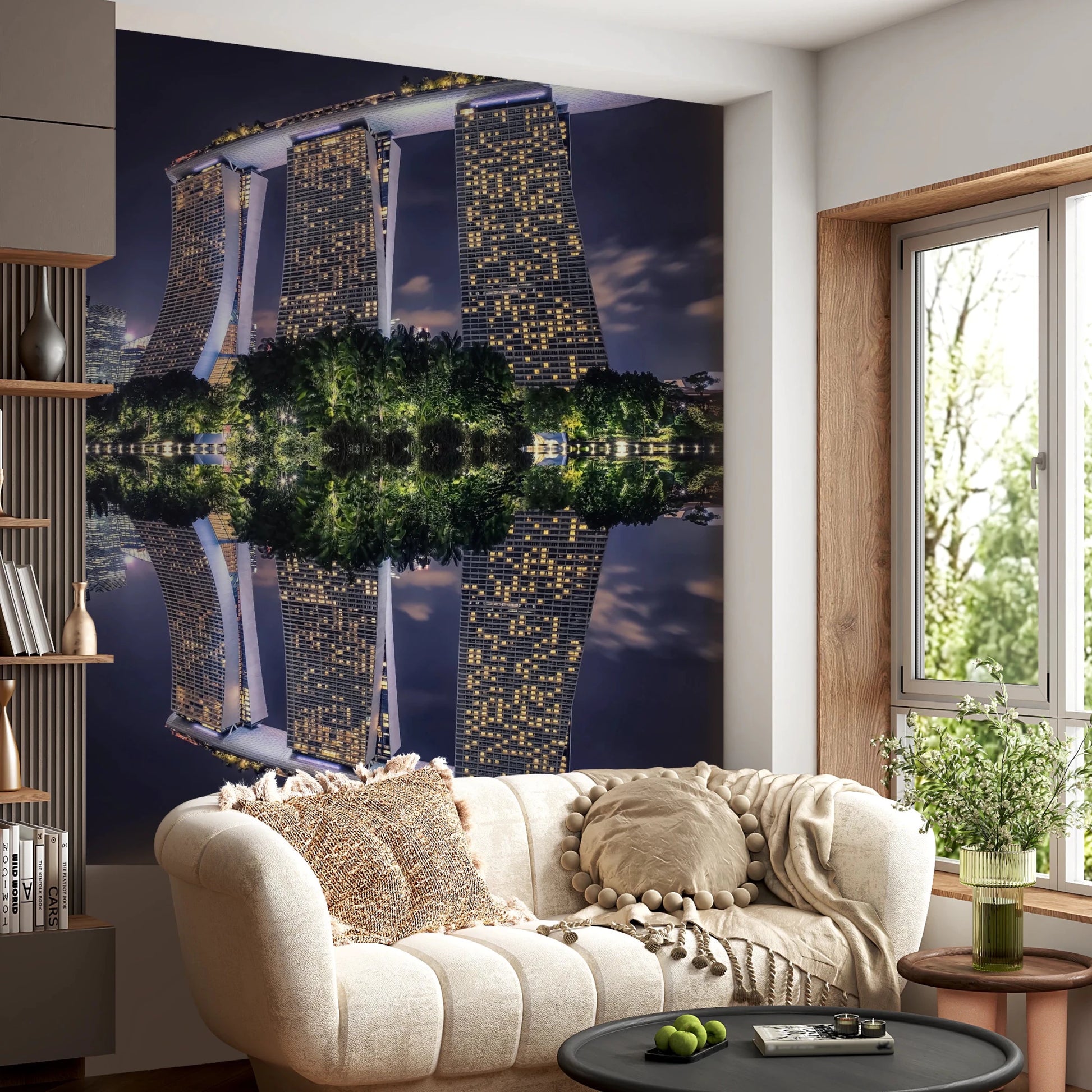 Symmetrical architecture wall mural with vibrant lights and reflection.