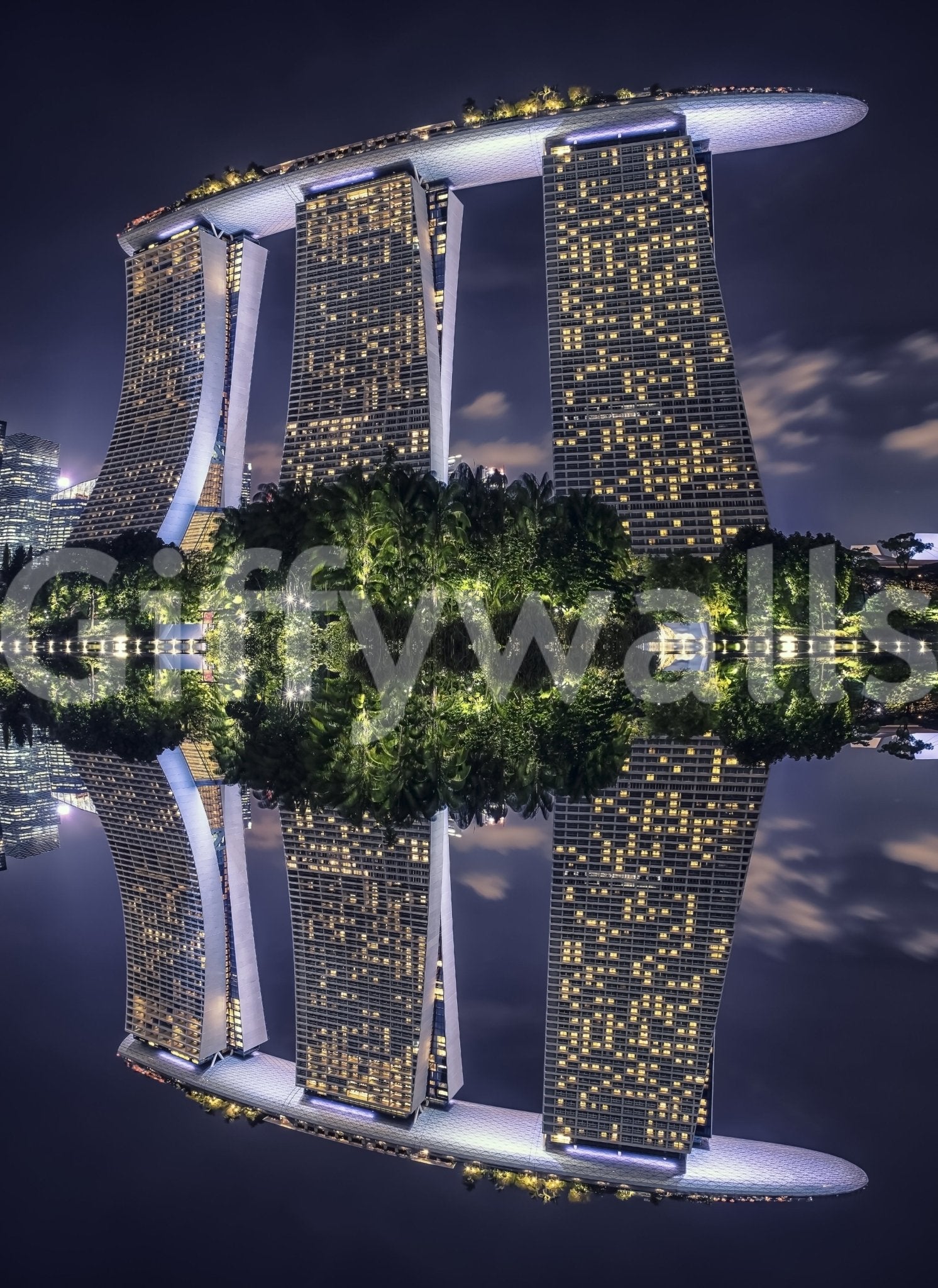 Singapore Reflection wall mural capturing a famous three-tower landmark.