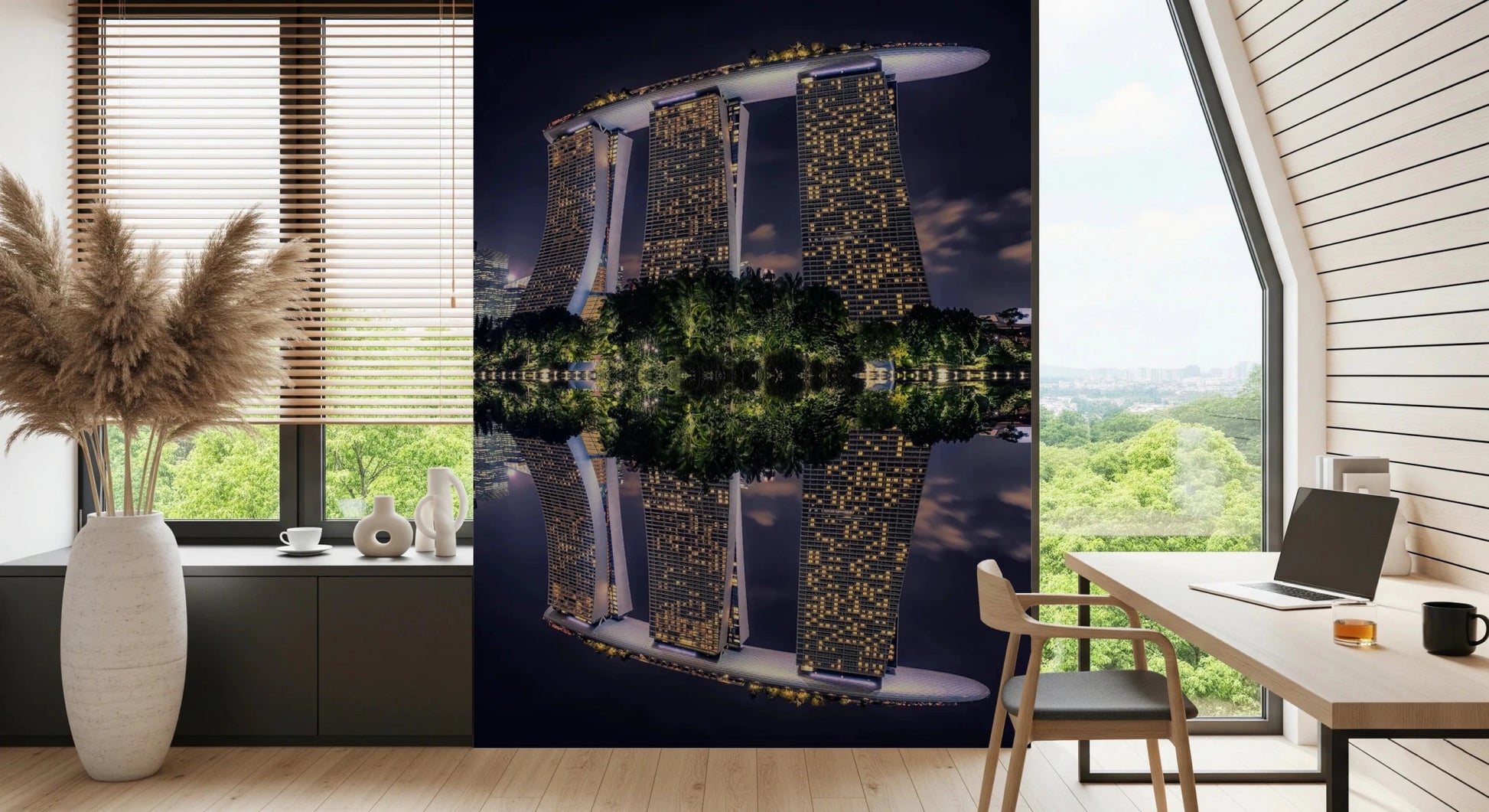 Nighttime urban skyline wall mural for a contemporary living room.