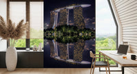 Nighttime urban skyline wall mural for a contemporary living room.