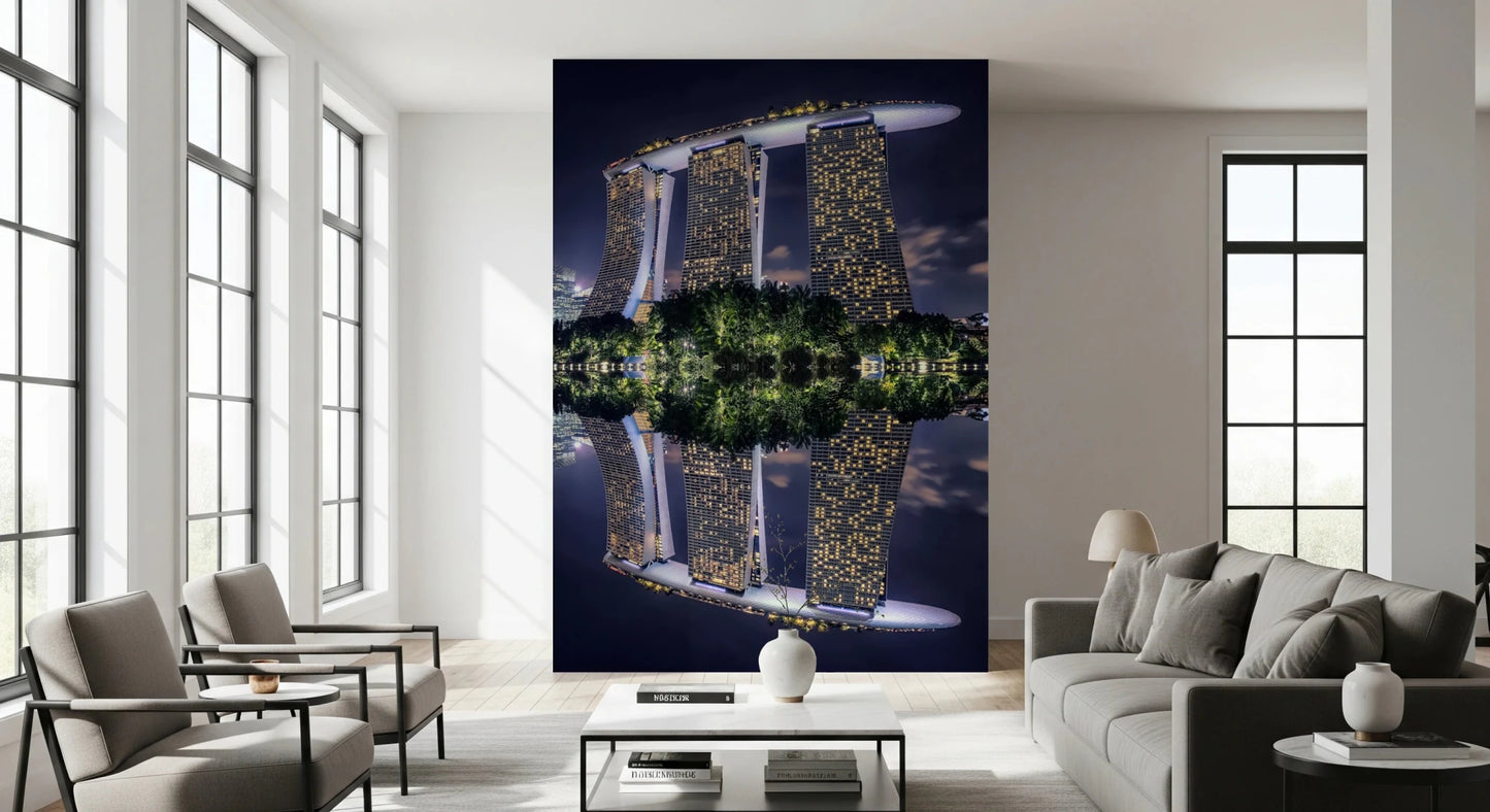 Architectural wallpaper showing a modern cityscape reflected in calm water.