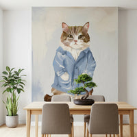 Victorian style cat wallpaper in blue jacket for halls.