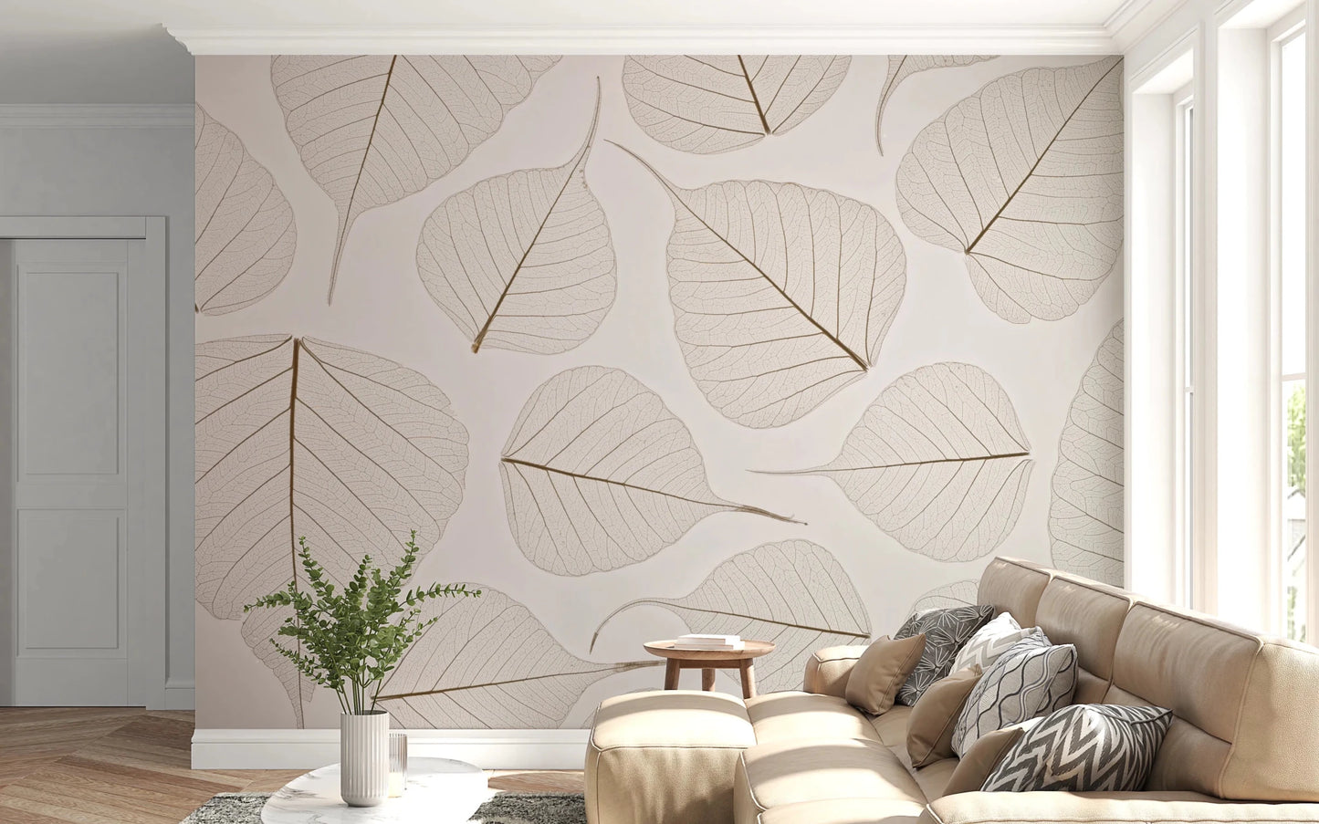 Soft beige leaves in Skeletal Leaves wall mural design