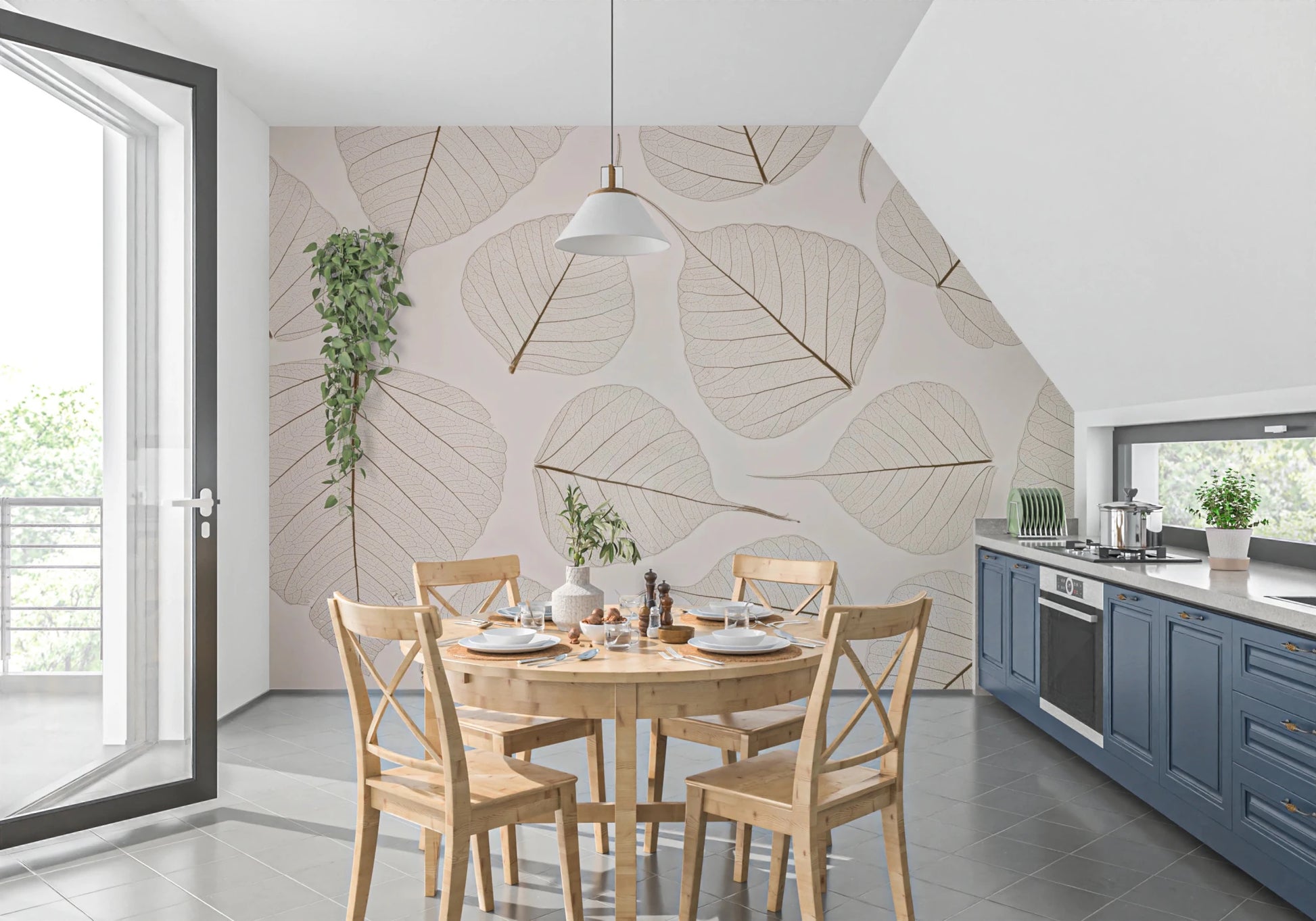 Kitchen space with Skeletal Leaves wall mural neutral look