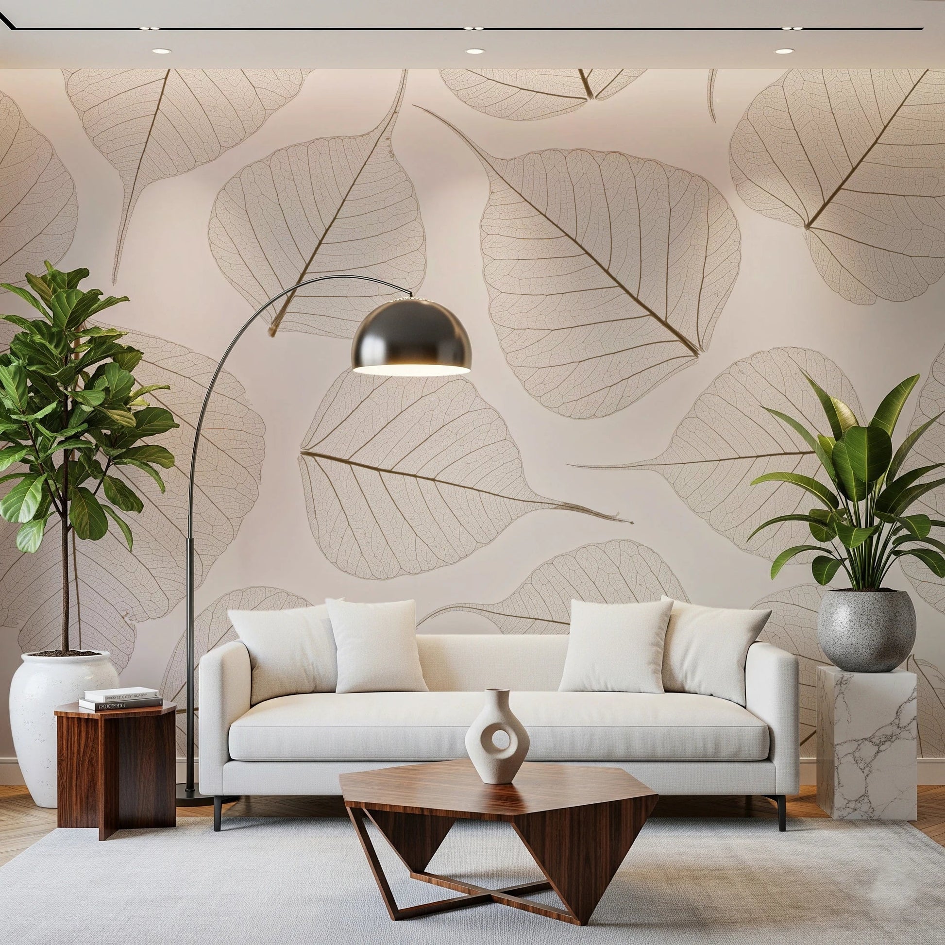 Hallway styled in Skeletal Leaves wall mural leaf pattern