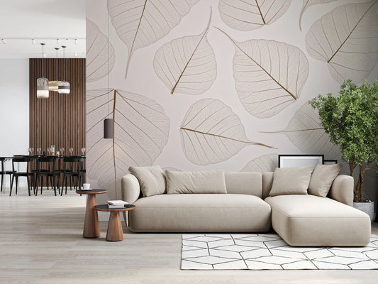 Living room with Skeletal Leaves wall mural in beige tones