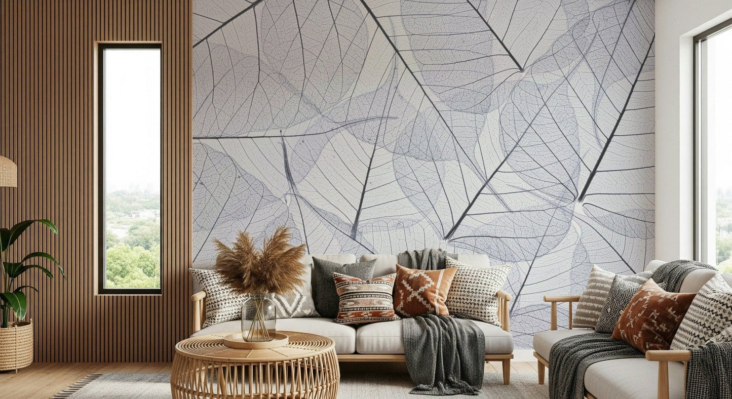 Grey and white botanical print Skeleton Leaves background.