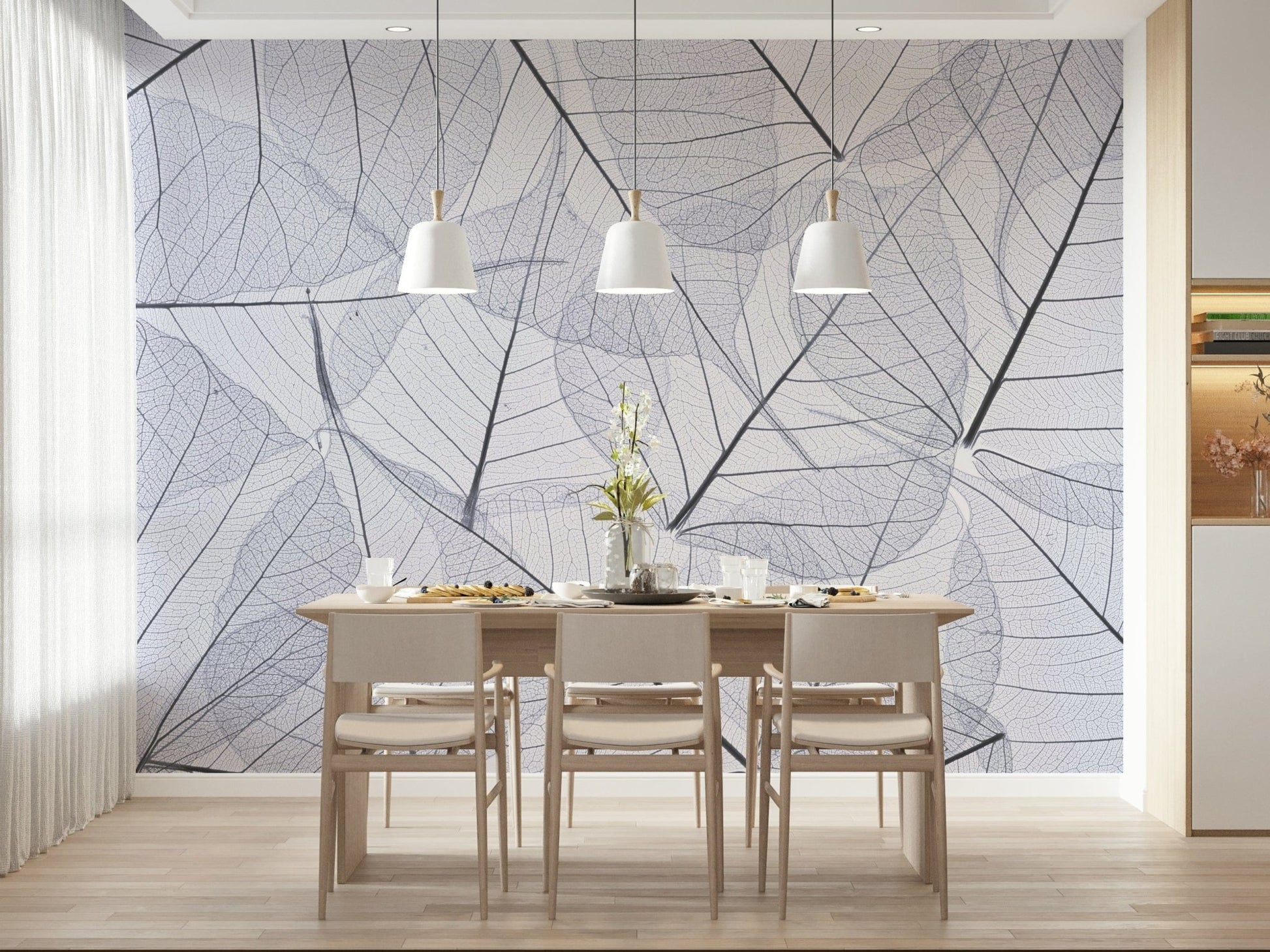 Wall mural featuring intricate transparent leaves design.