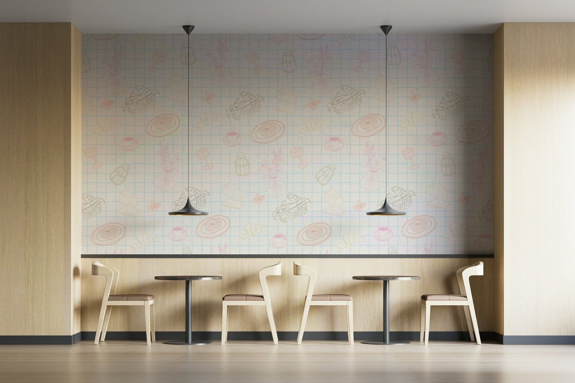 A detailed close-up of a whimsical wall mural pattern. GD4210

