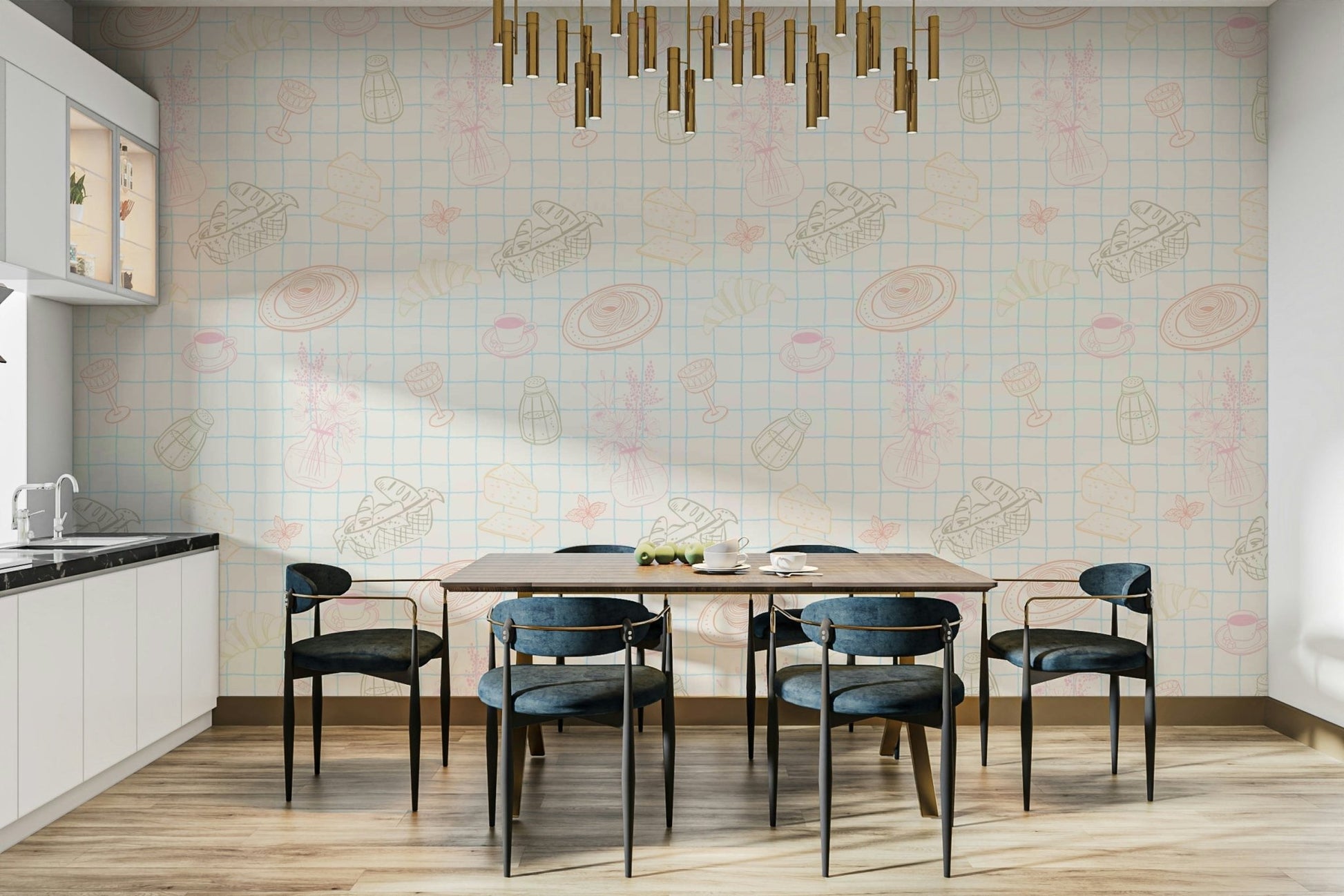 The design features a repeating pattern of hand-drawn food sketches.

