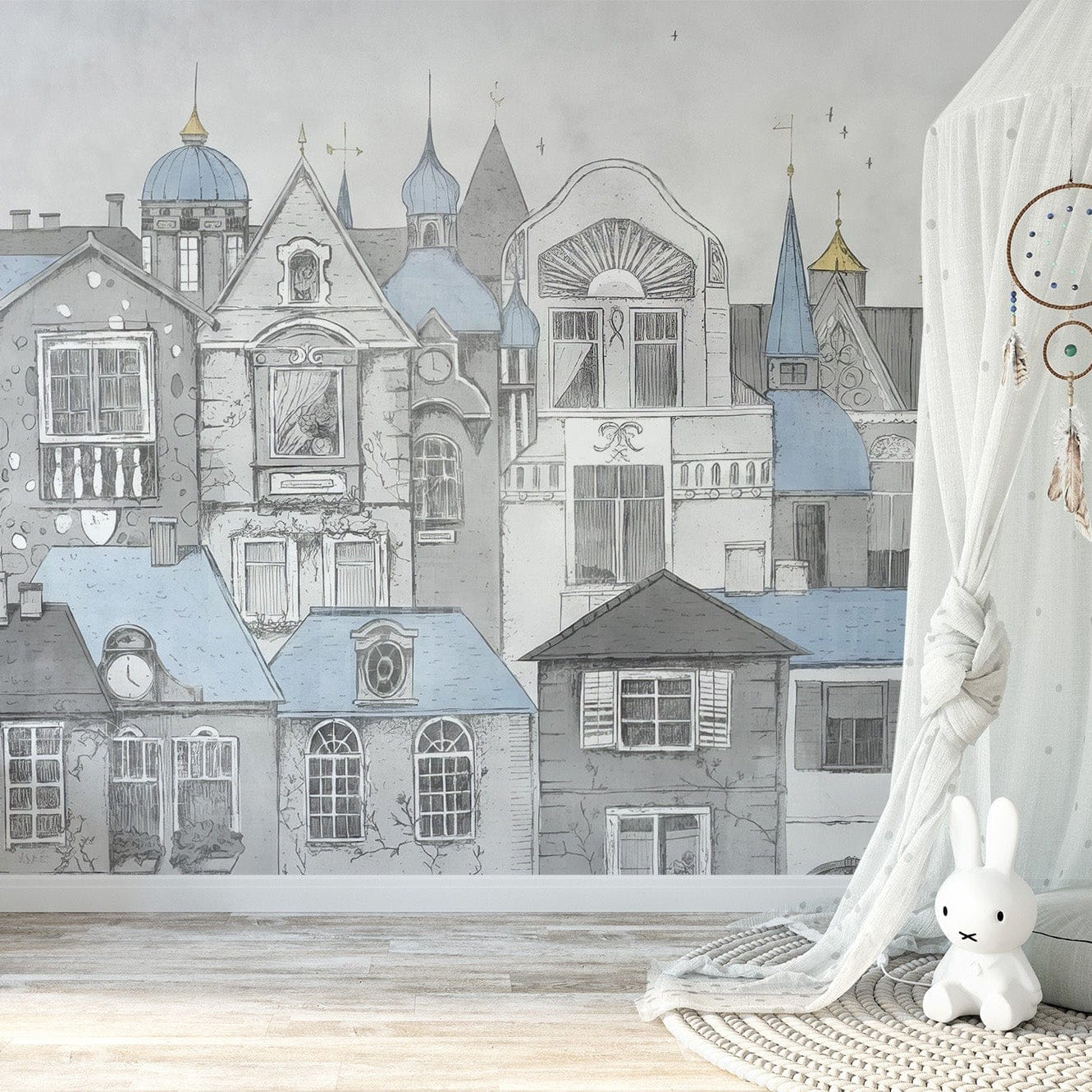 Artistic sketch-inspired mural for nursery walls, C303