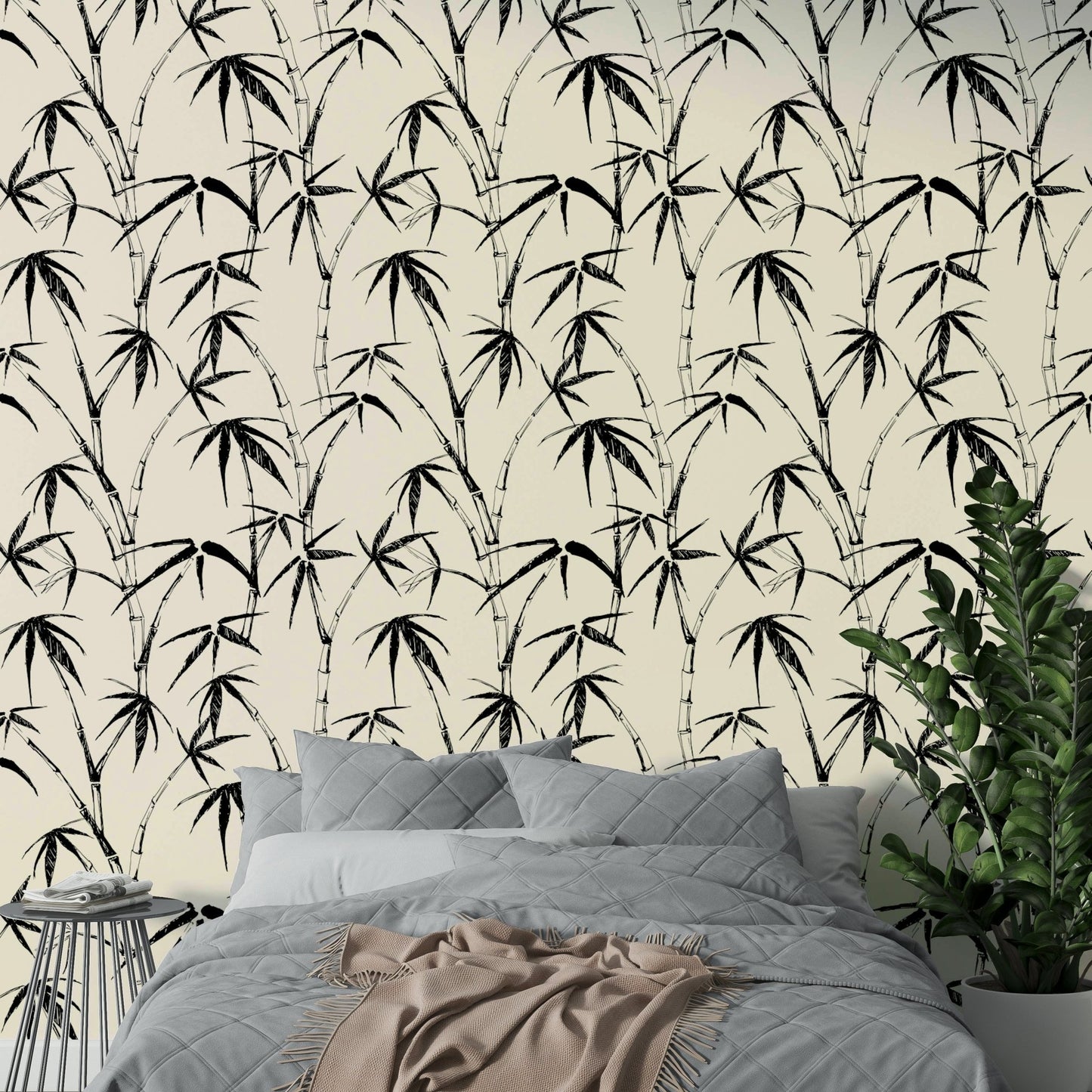 An angled shot of a wall with bamboo wallpaper

