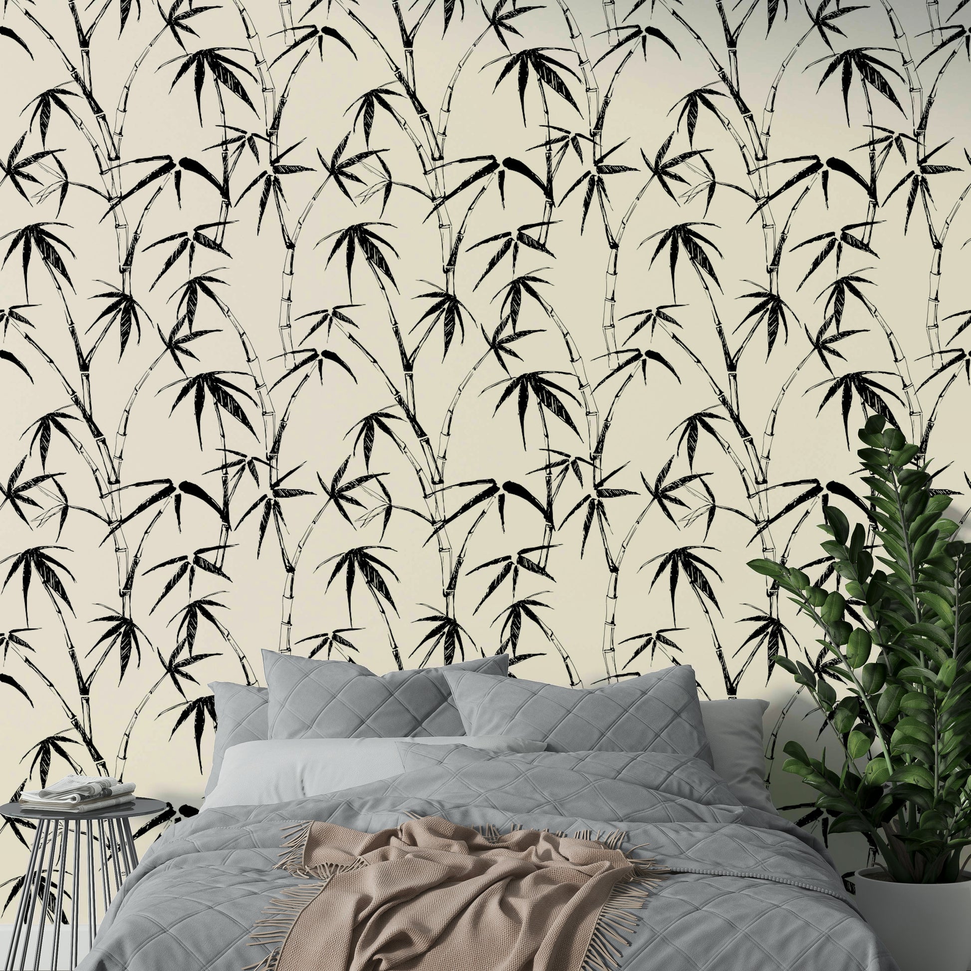 An angled shot of a wall with bamboo wallpaper

