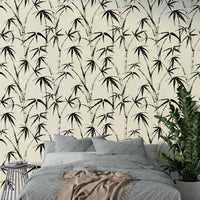 An angled shot of a wall with bamboo wallpaper

