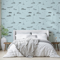 A bathroom decorated with sailboat wallpaper, GD4418