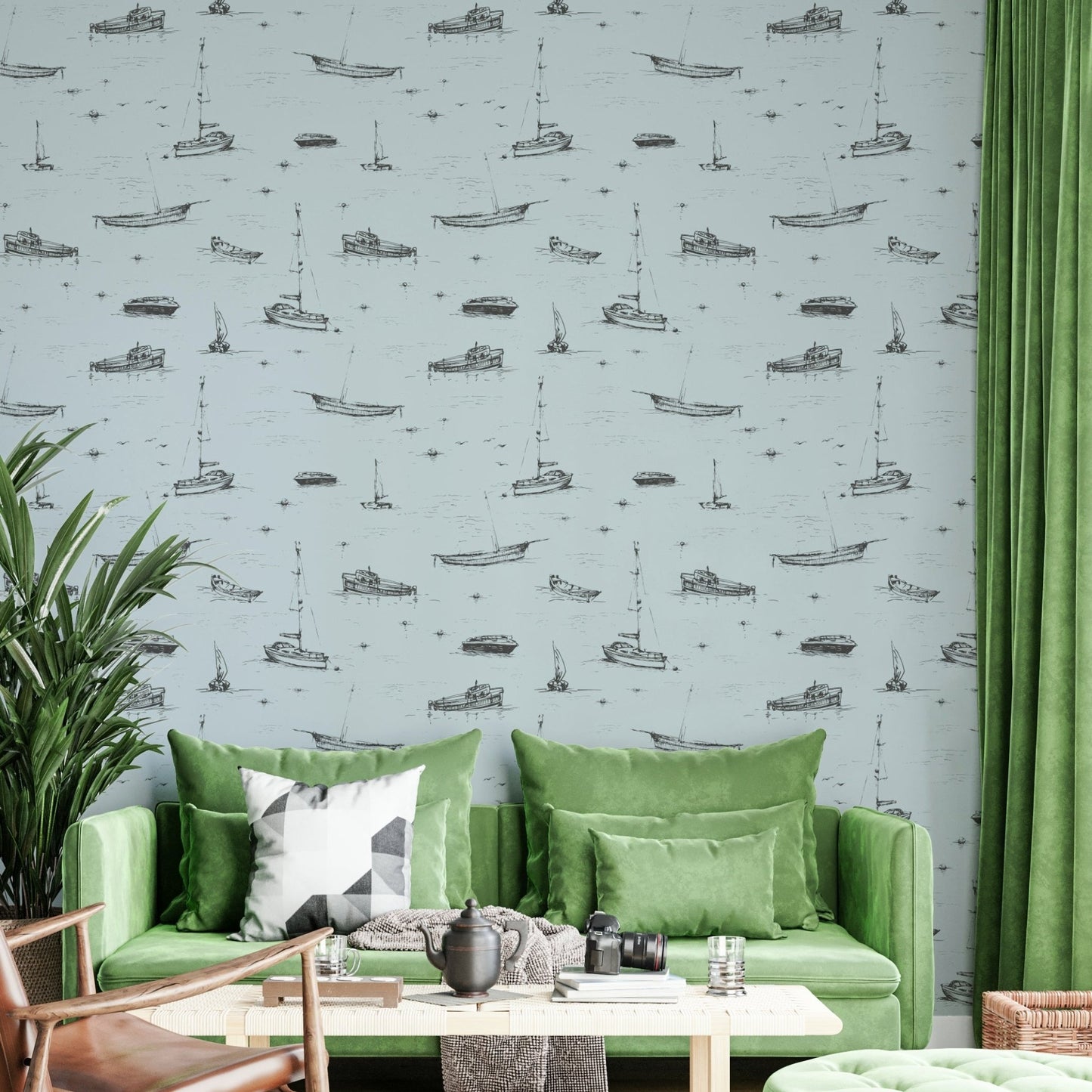 A modern living room with nautical wallpaper, GD4418