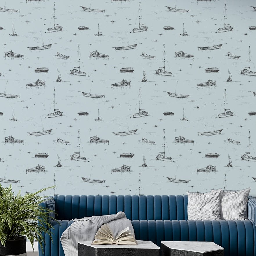 Sketched boats wallpaper on a wall, GD4418