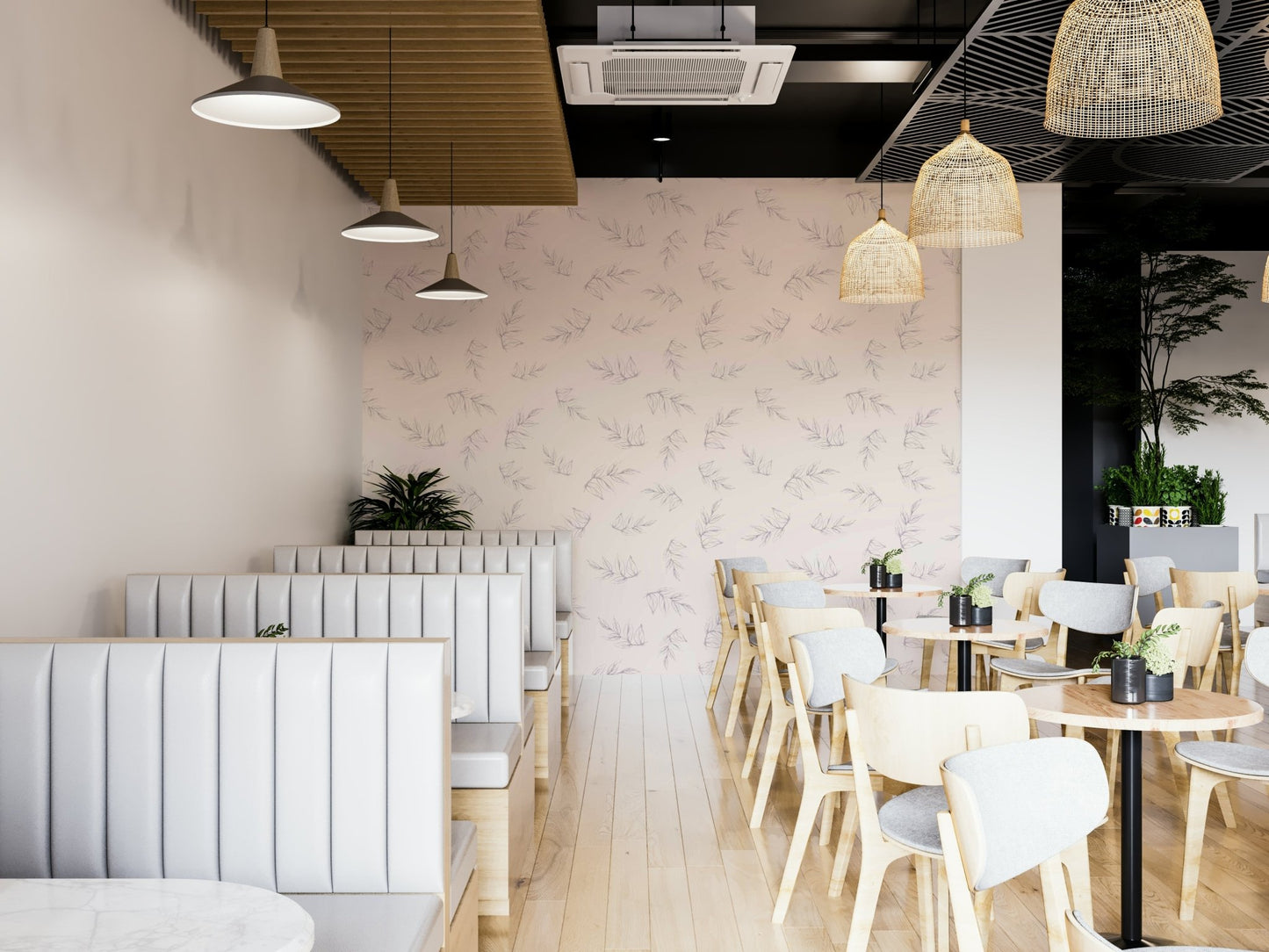 A living room decorated with a sketched peony mural

