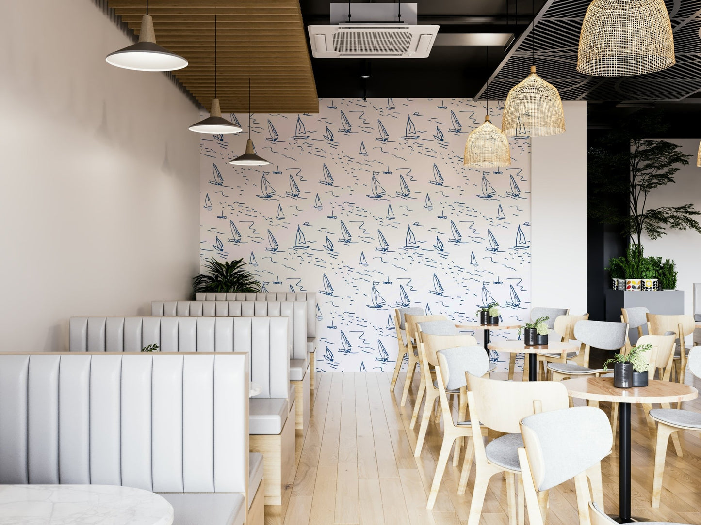 Sailboats and waves illustrated on a wall surface

