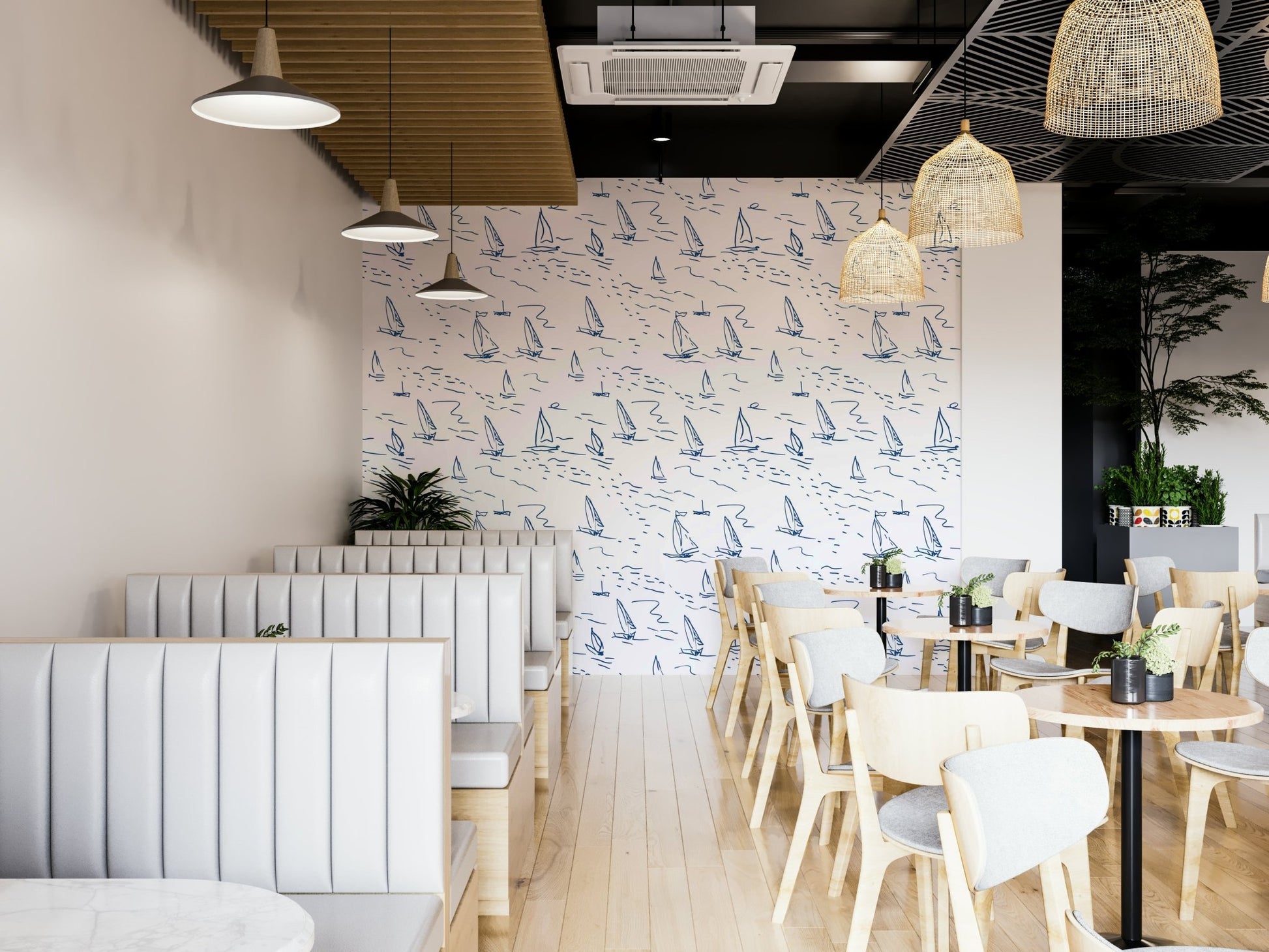 Sailboats and waves illustrated on a wall surface

