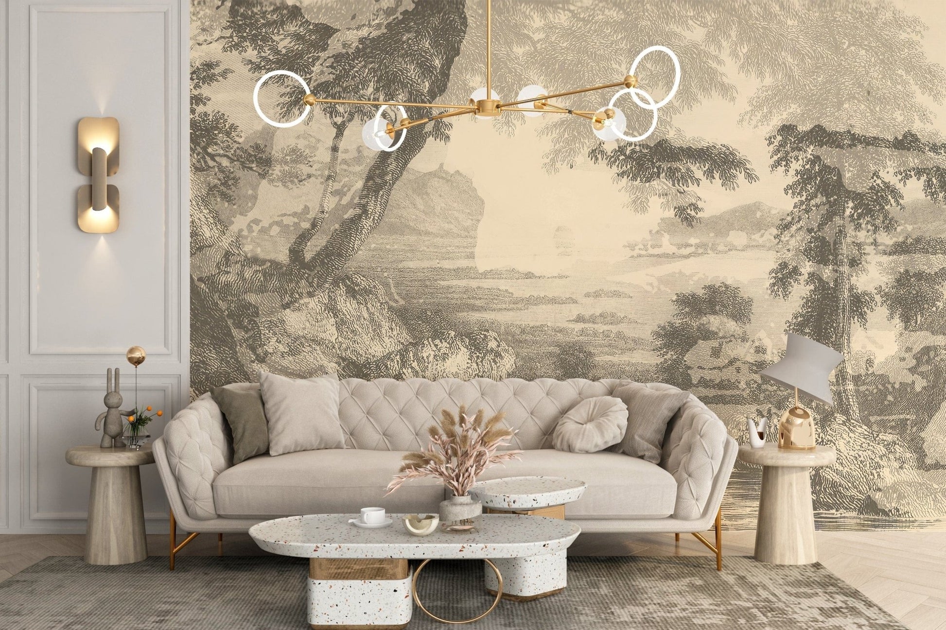 Sepia-toned forest sketch wallpaper mural A372
