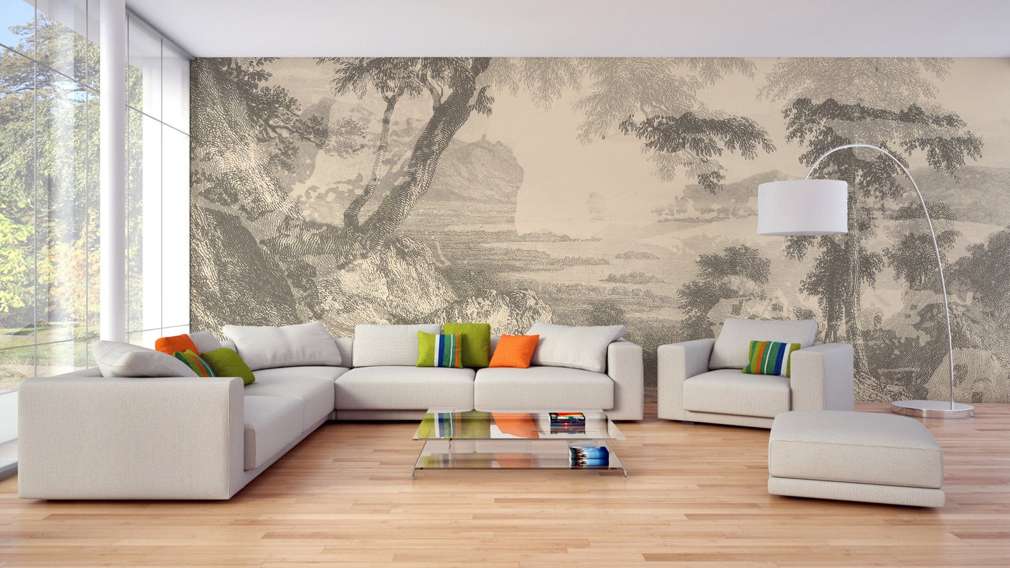 Sketched Sepia Color Forest Wallpaper Mural - Giffywalls A372