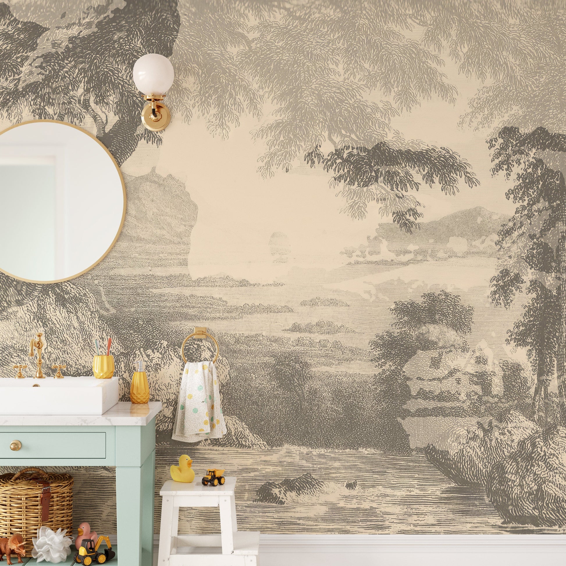 Sketched Sepia Color Forest Wallpaper Mural - Giffywalls