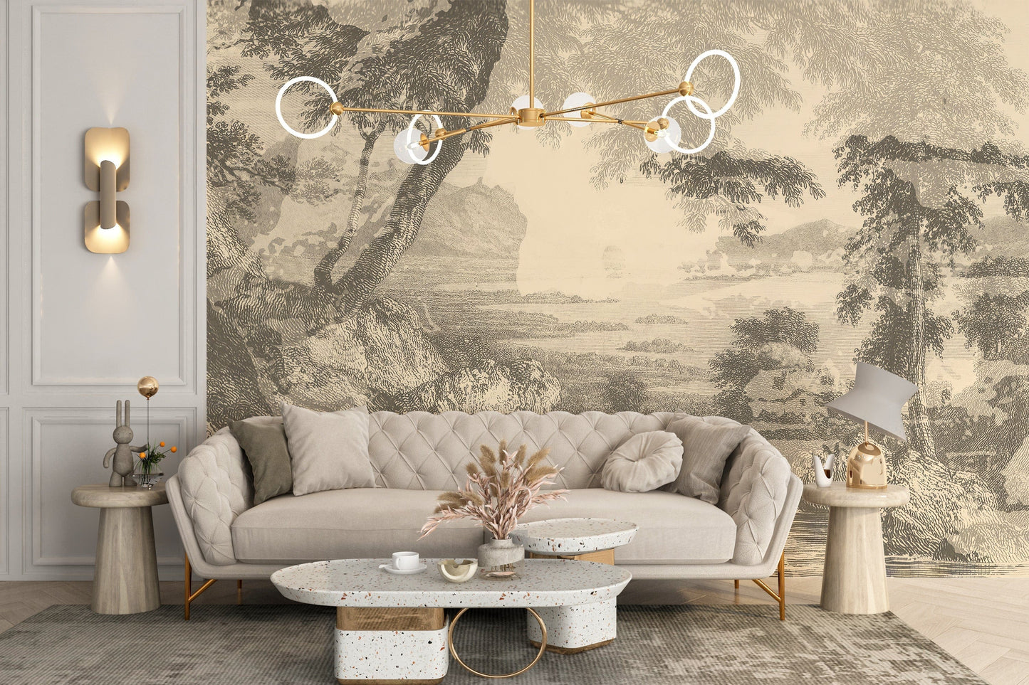 Sepia-toned forest sketch wallpaper mural
