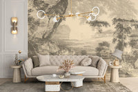 Sepia-toned forest sketch wallpaper mural
