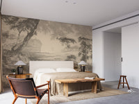 Artistic sepia forest wall mural design
