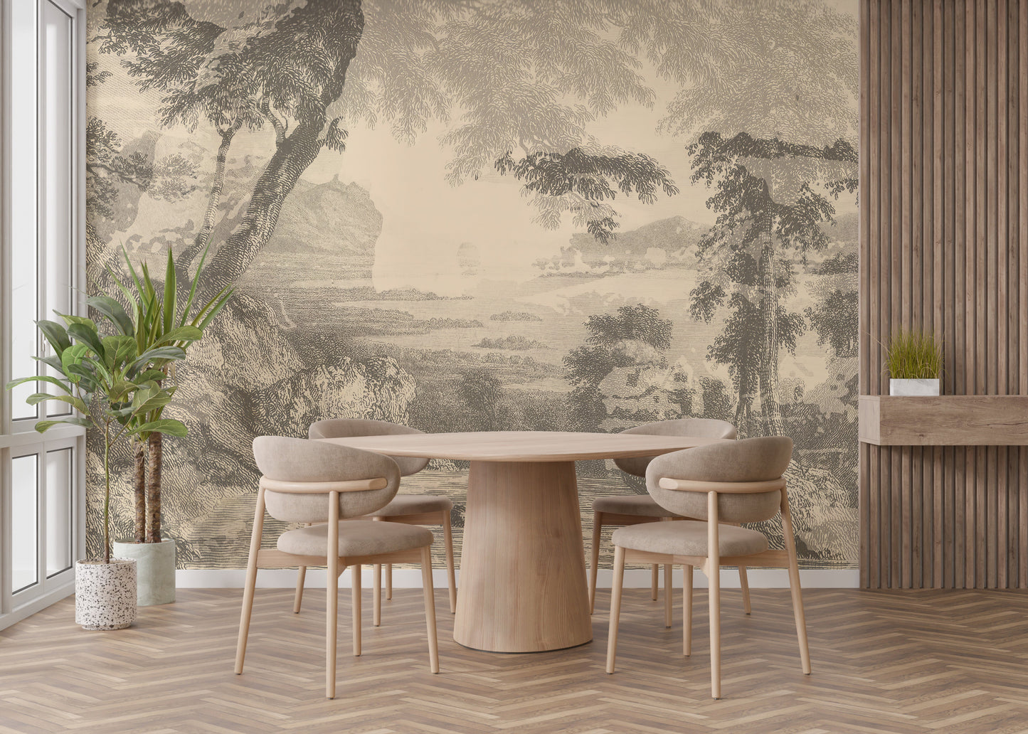 Sketched sepia forest wallpaper mural
