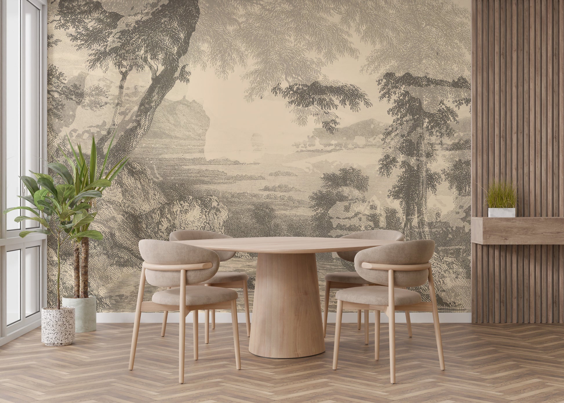 Sketched sepia forest wallpaper mural
