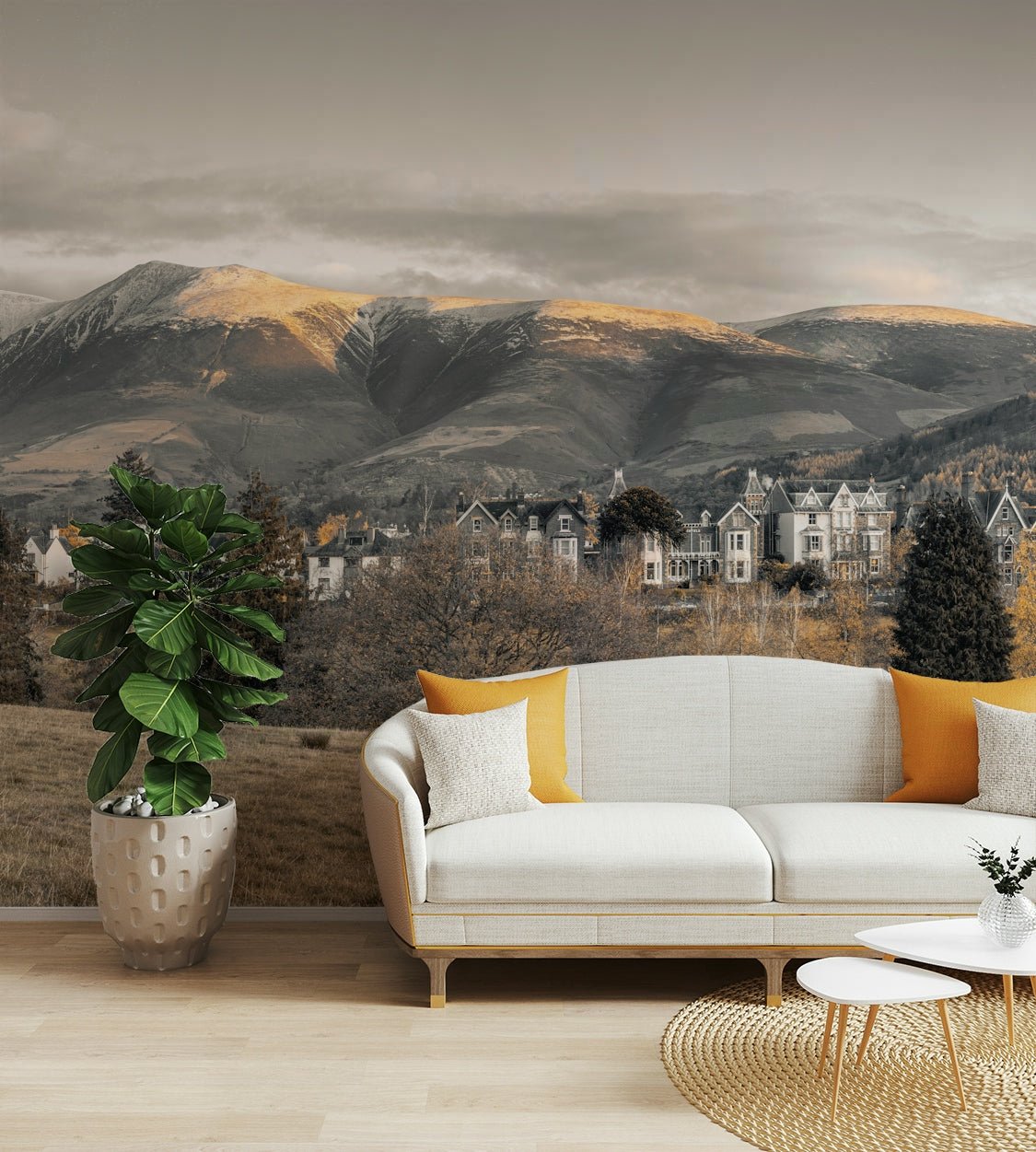 Misty mountain mural with open sky

