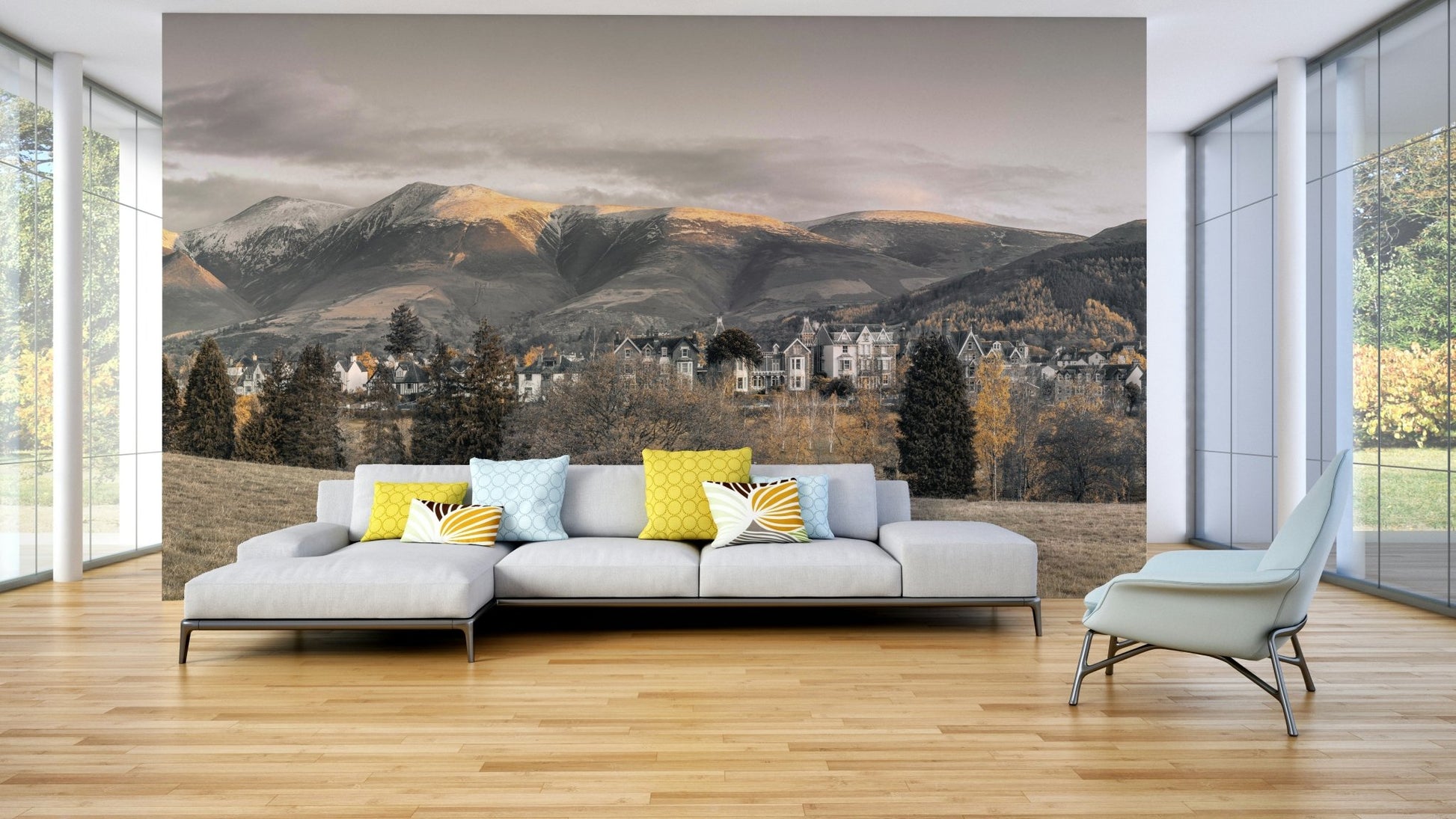 Rolling hills and mountain view mural

