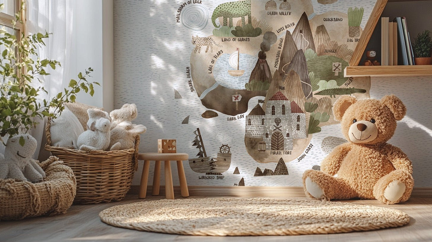 Vibrant pirate-themed Skull Island mural for kids' wall decor.