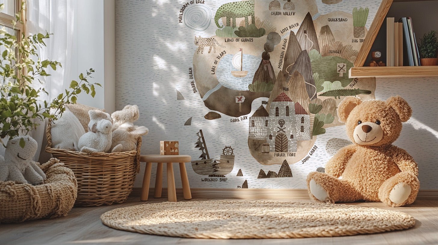 Vibrant pirate-themed Skull Island mural for kids' wall decor.