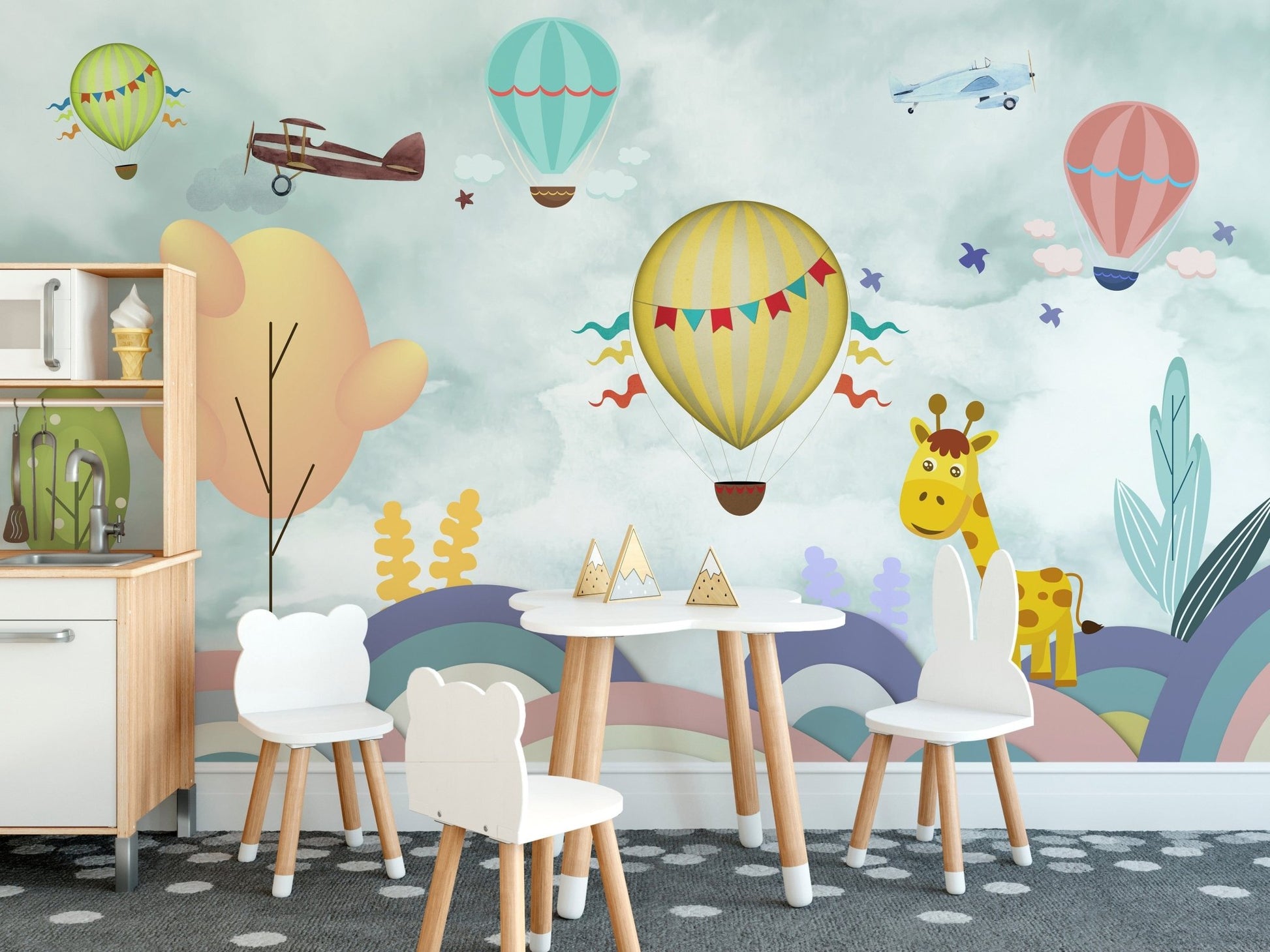 Hot Air Balloon Cartoon Kids Room Wallpaper Mural - Giffywalls